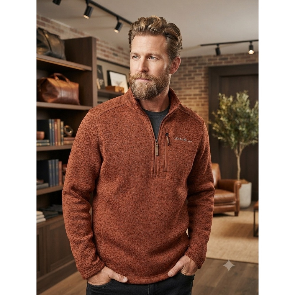 Eddie Bauer Pullover 1/4 Zip Fleece Sweater Men's M Rust Orange Hiking Outdoors
